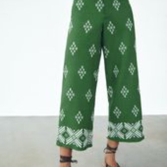Zara | Green Embroidered Linen Pants | Size L - Picture 2 of 7
